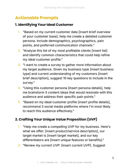 Prompts page, The One-Page Marketing Plan Kit