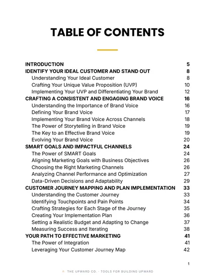 Ebook contents page, The One-Page Marketing Plan Kit