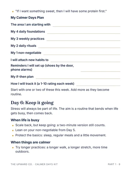 Day 5: your Calmer Days Plan page from the kit