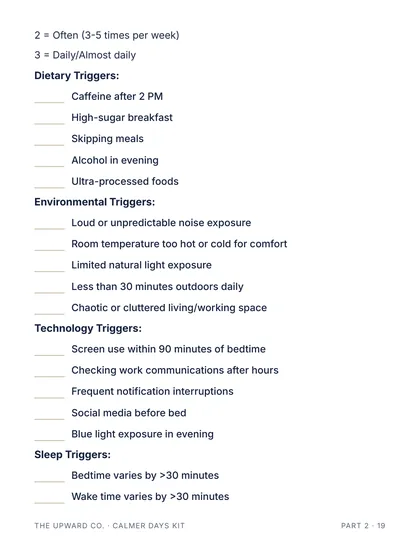 The Stress Trigger Score page from the kit