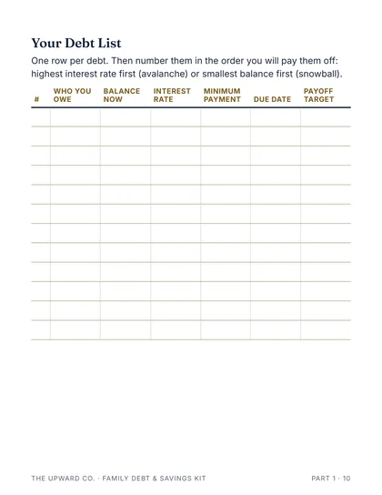 Your Debt List page from the kit