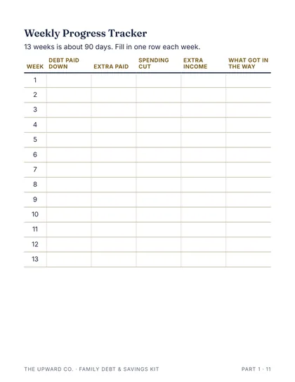 Weekly Progress Tracker, 13 weeks page from the kit