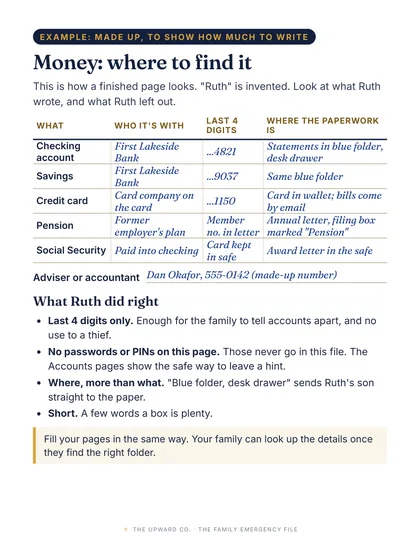 The filled-in example page from the file
