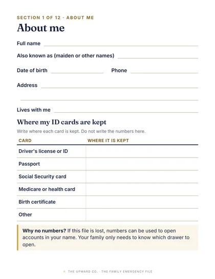 About me, and where ID cards are kept page from the file
