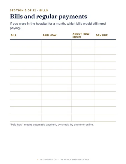 Bills and regular payments page from the file