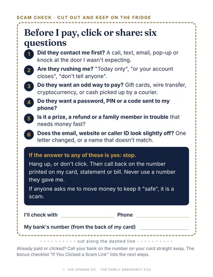 The scam-check card page from the file