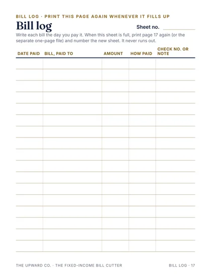 Bill log page from the kit