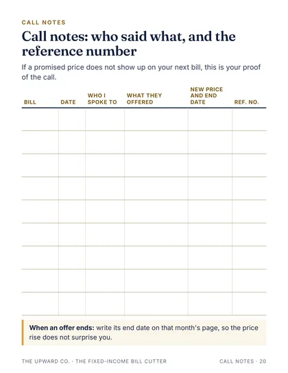 Call notes page from the kit