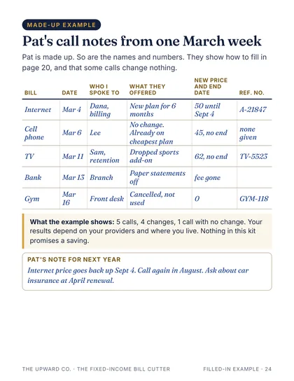 Example call notes page from the kit