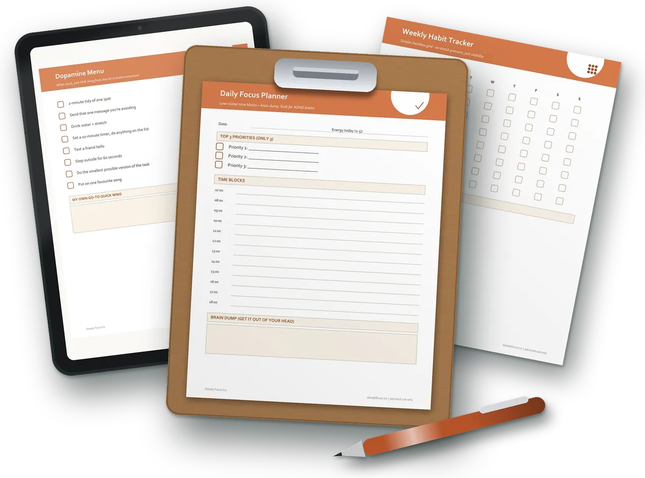 The real Daily Focus Planner page on a clipboard, the Dopamine Menu page on a tablet and a printed Weekly Habit Tracker page