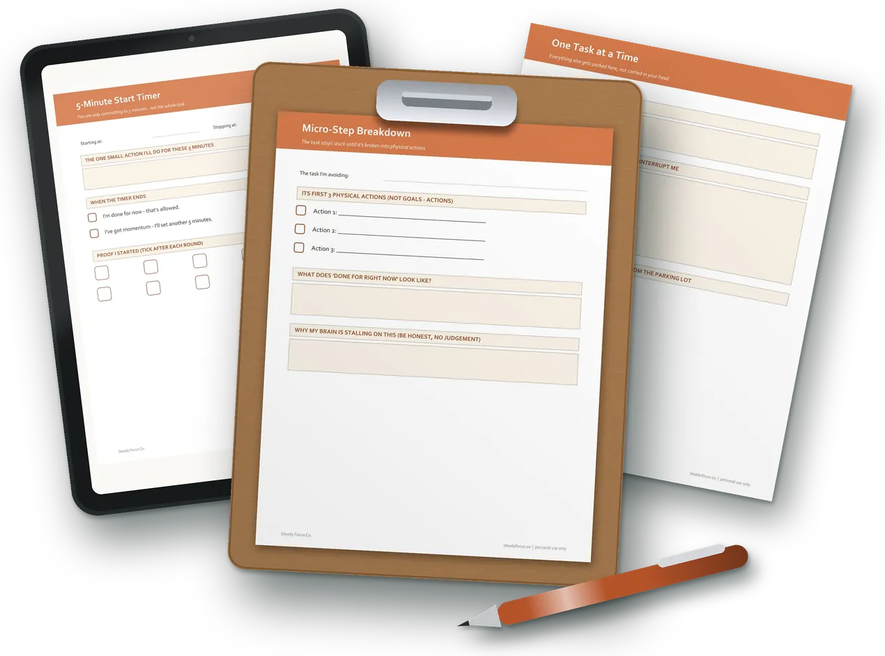 The real Micro-Step Breakdown page on a clipboard, the 5-Minute Start Timer page on a tablet and a printed One Task at a Time page