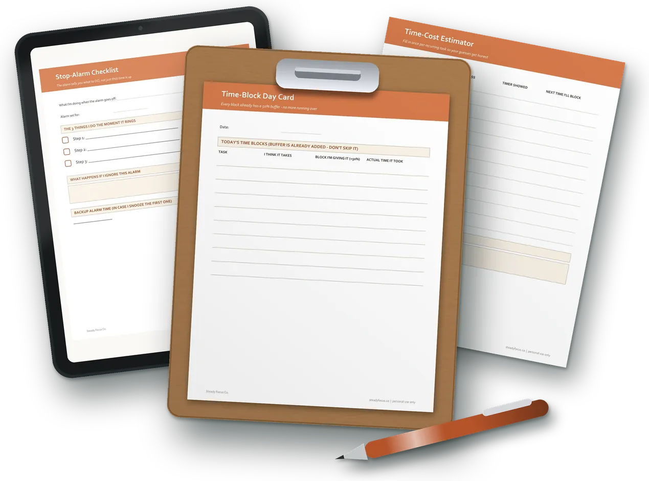 The real Time-Block Day Card page on a clipboard, the Stop-Alarm Checklist page on a tablet and a printed Time-Cost Estimator page